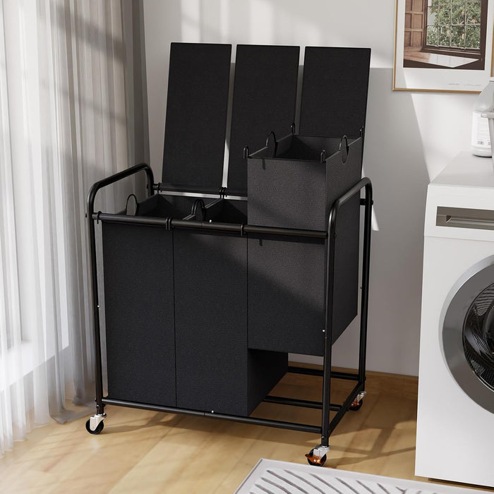 180L Laundry Sorter 3 Section with Lockable Wheels and Lid Black