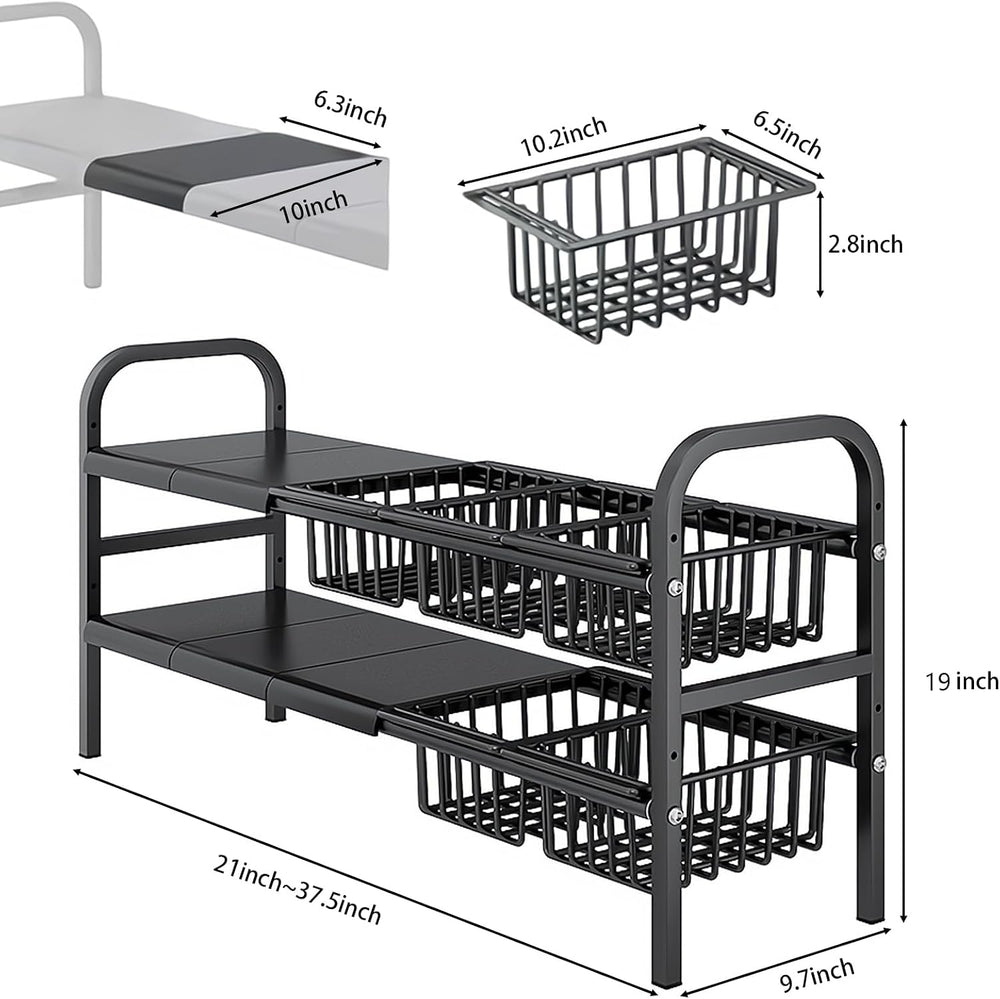 Under Sink Organizer，2 Tier Expandable Heavy Duty Metal Shelf，with 5 Removabl...