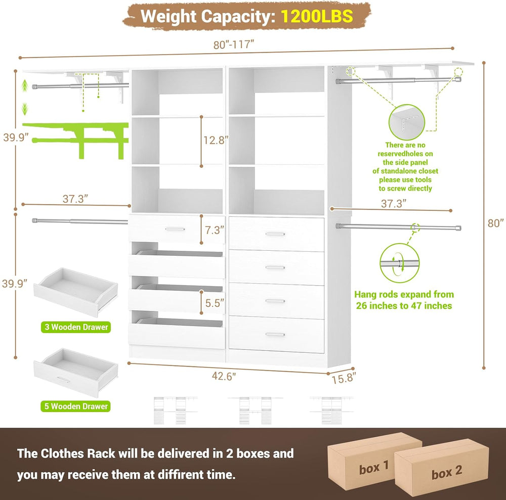 Aheaplus Closet System, Wood Closet Organizer System with 8 Drawers &4 Rods