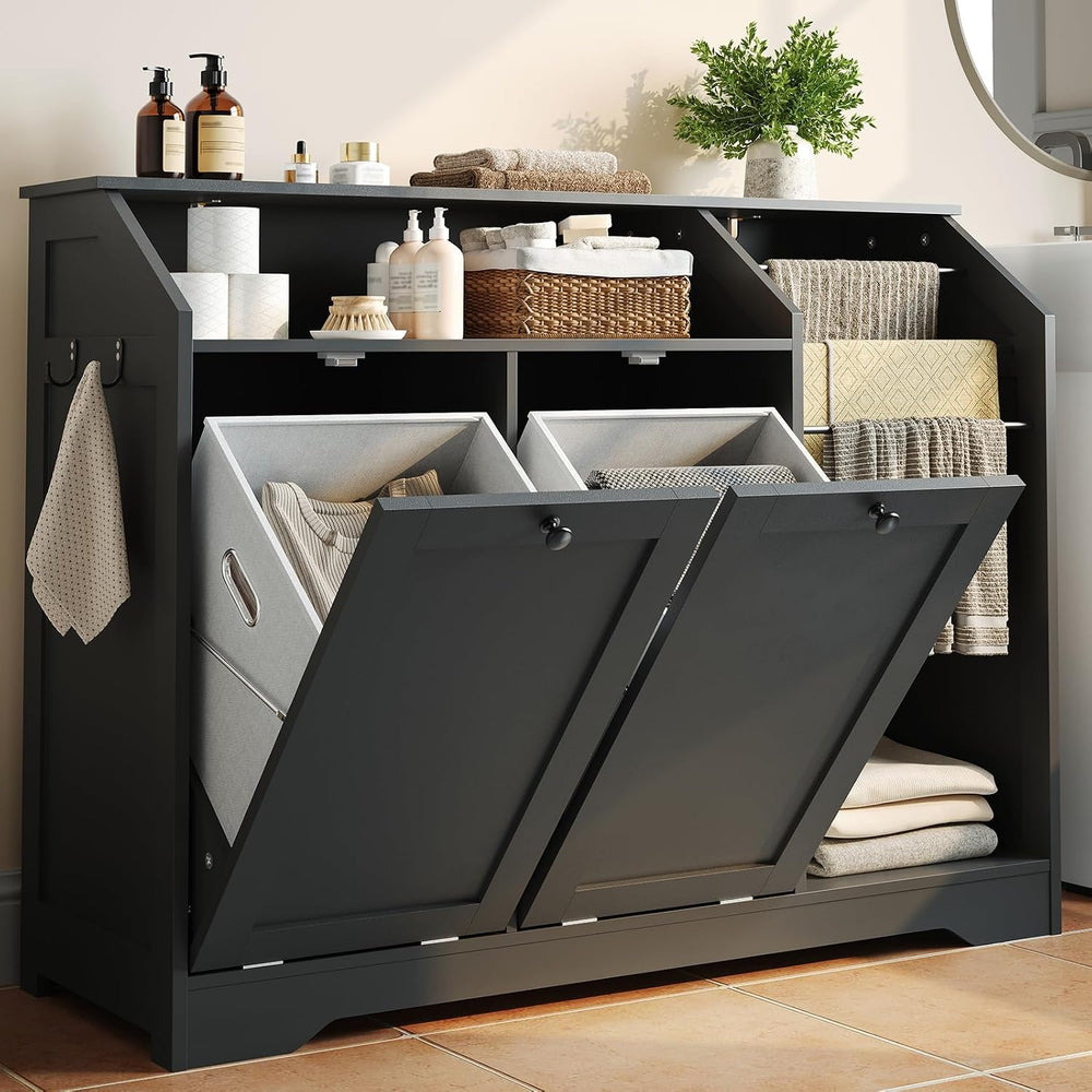 43.3" Laundry Hamper Cabinet, Double Tilt-Out Laundry Hamper with 4 Hook...