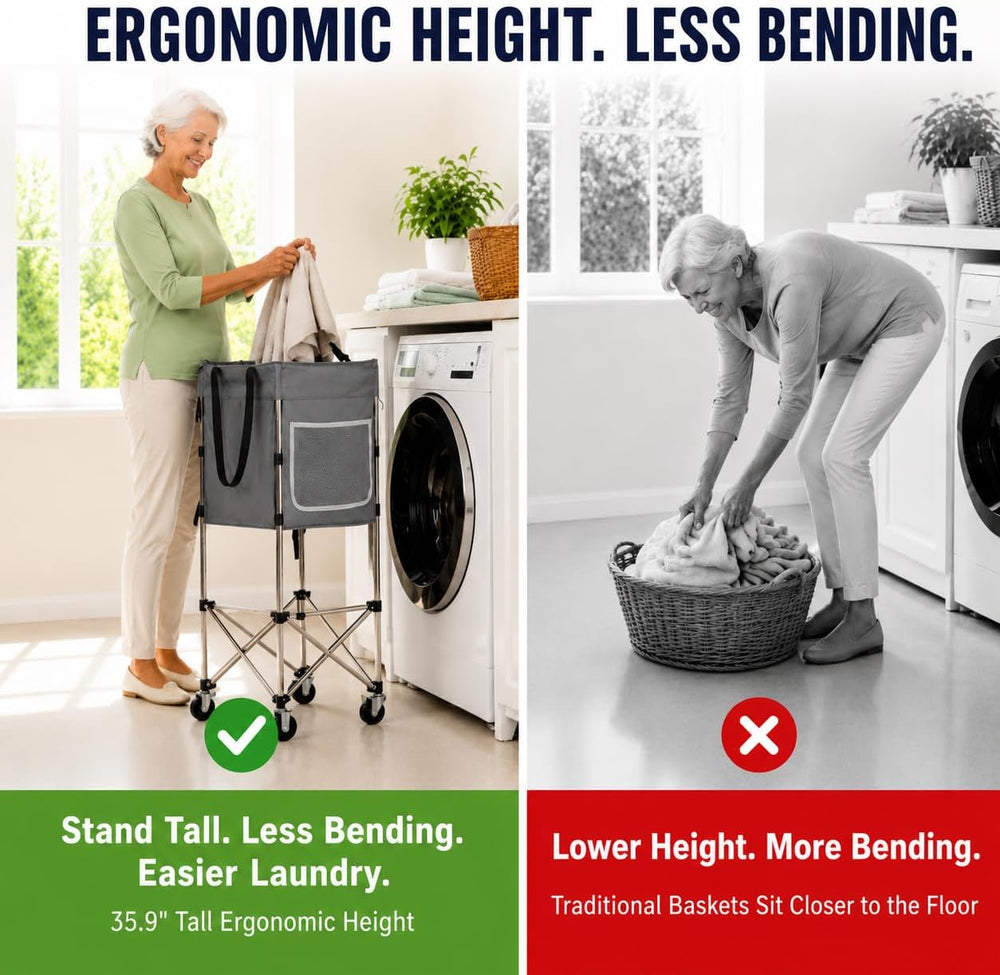 Laundry Basket with Wheels, 35.9" No-Bend Rolling Hamper, Grey