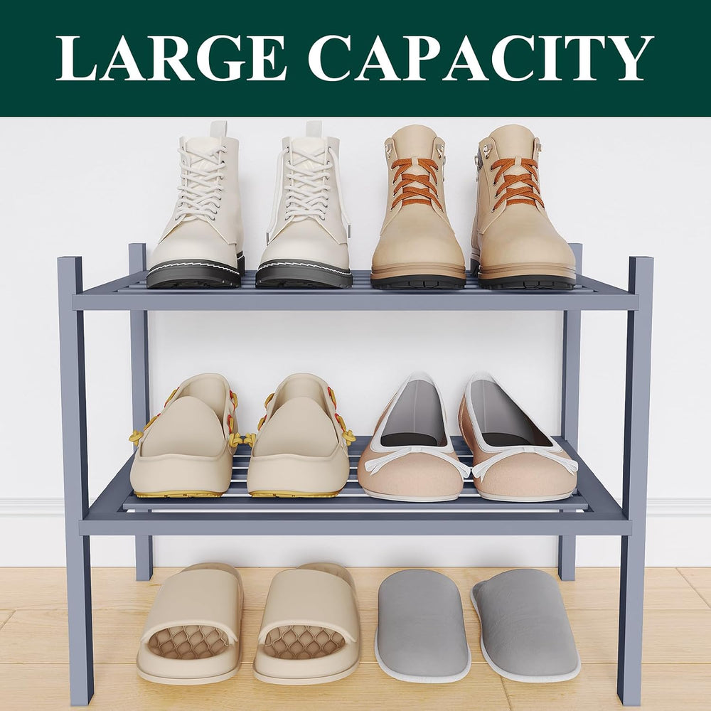 Smiry Bamboo Shoe Rack, 5 Horizontal Slats, 2 Tier - 17.3" Wide, Grey
