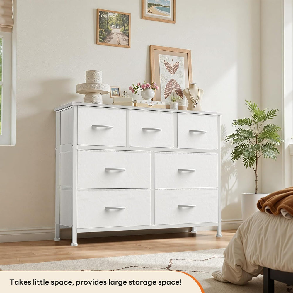 Sweetcrispy 7 Drawer Dresser for Bedroom Storage with Fabric Bins, White