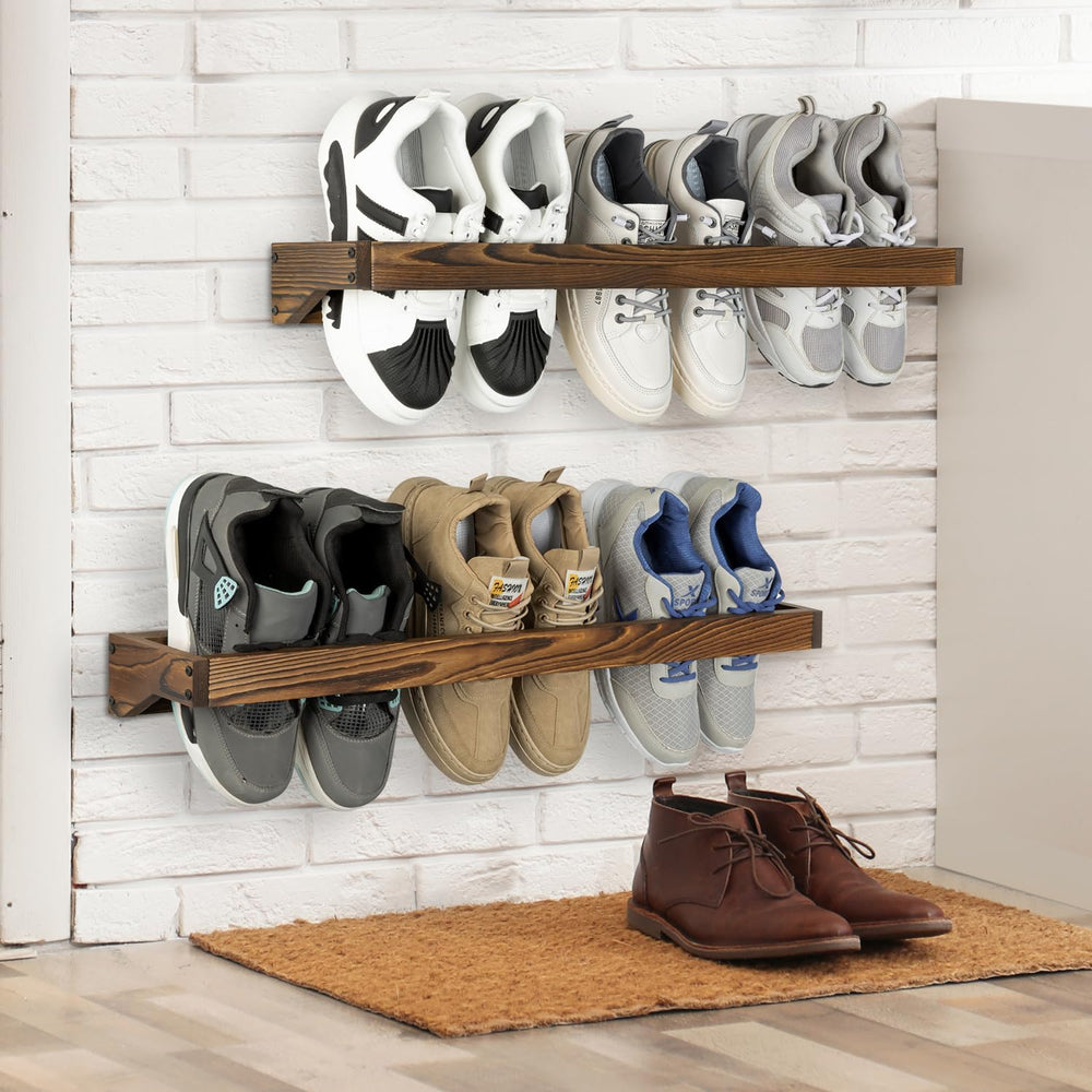 MyGift 30 Inch Rustic Burnt Wood Wall Shoe Rack Set of 4 Holds 12 Pairs