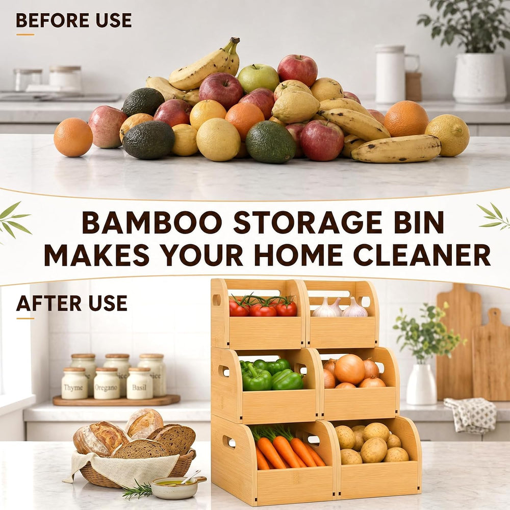 GLEAVI Bamboo Potato and Onion Storage Bin, 3 Tier Slide-Out Vegetable Basket...
