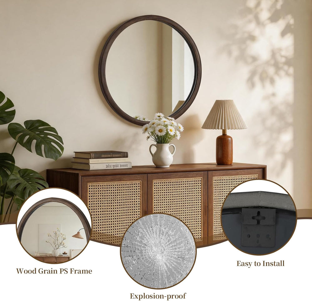 HOMECOOKIN 28 Inch Round Mirror, Farmhouse Wood Grain Framed Wall Mirror, Cir...