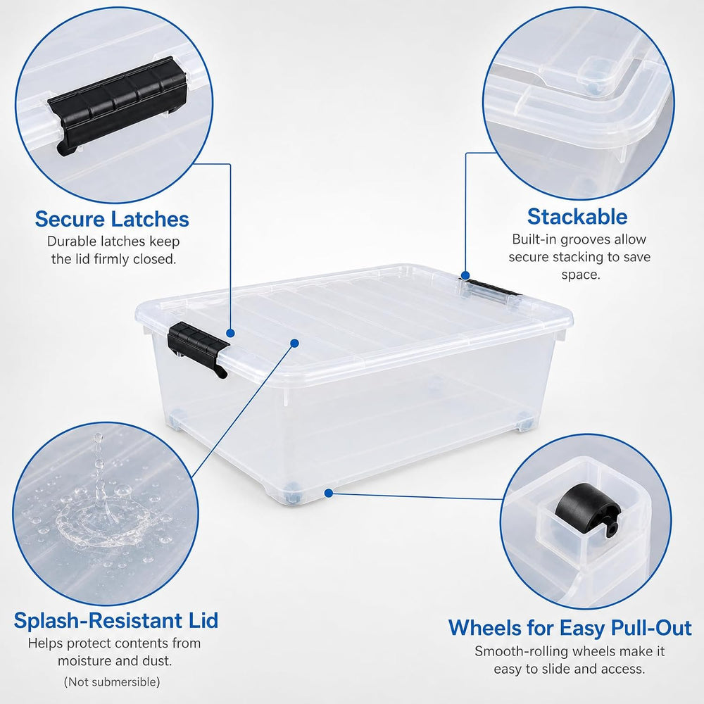 Saedy 25 L Plastic Under Bed Storage Container Box on Wheels, 4 Packs