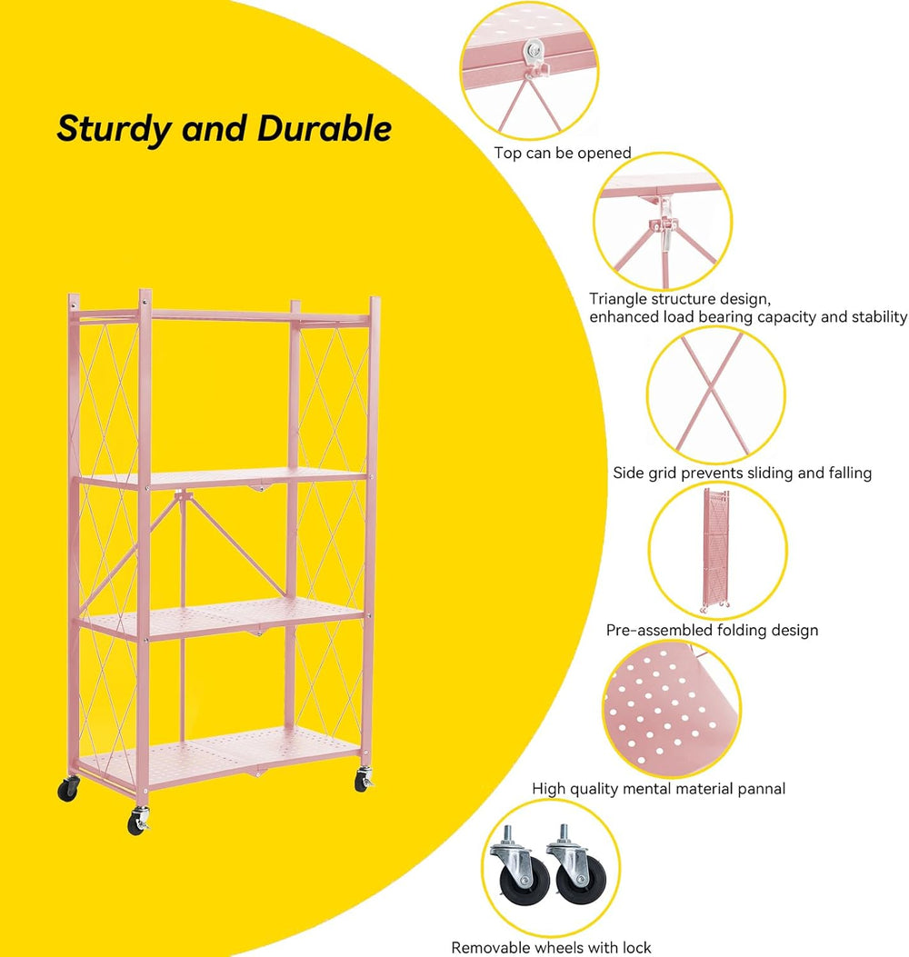 BRIAN & DANY 4-Tier Foldable Storage Shelves with Wheels, Folding Metal R...