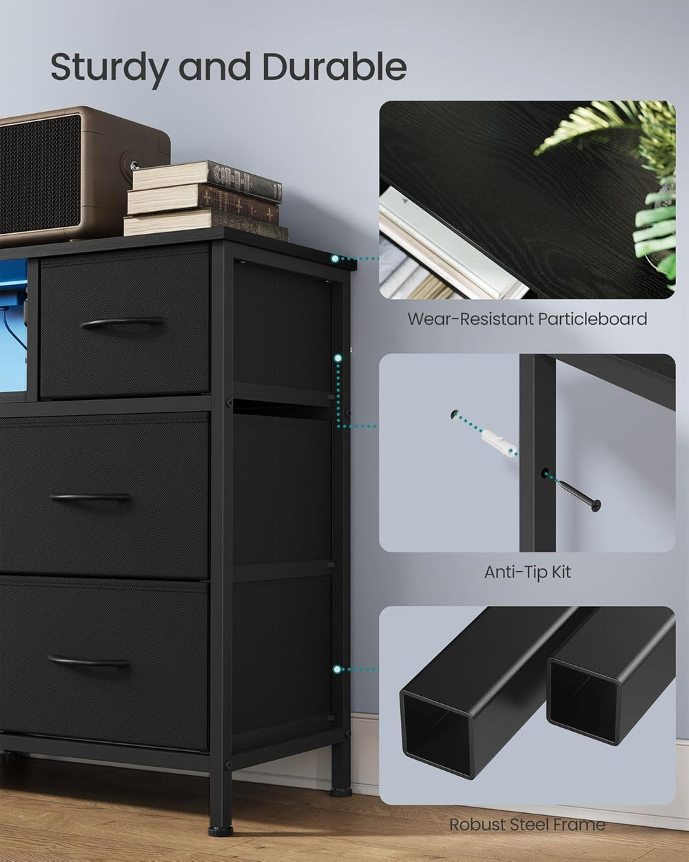 SONGMICS Dresser for Bedroom with Outlets & LED Lights, 8 Fabric Drawers