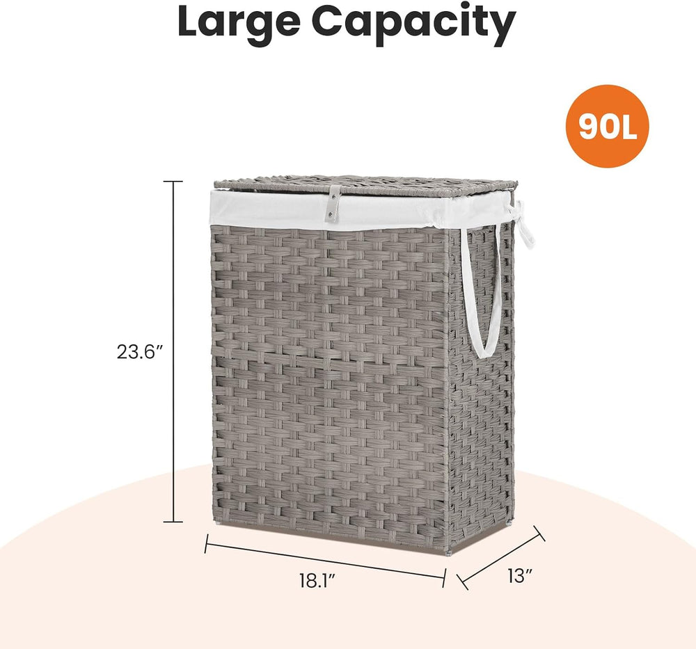 90L Laundry Hamper with Lid, Hand-Woven Pp Rattan Laundry Basket with Compart...
