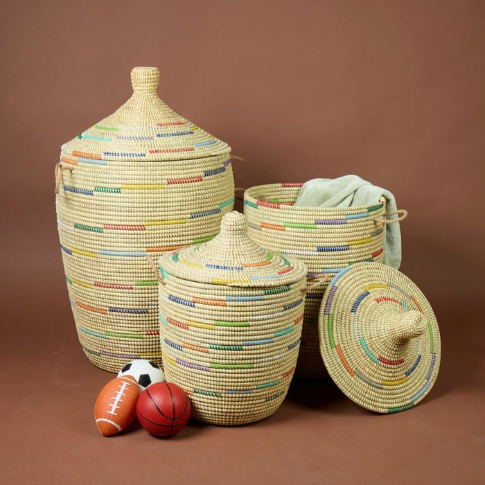 Large Decorative Storage Baskets for Laundry, Clothes, Blankets, Beige African Wicker Baskets with Lid and Handles, Set of 3pcs