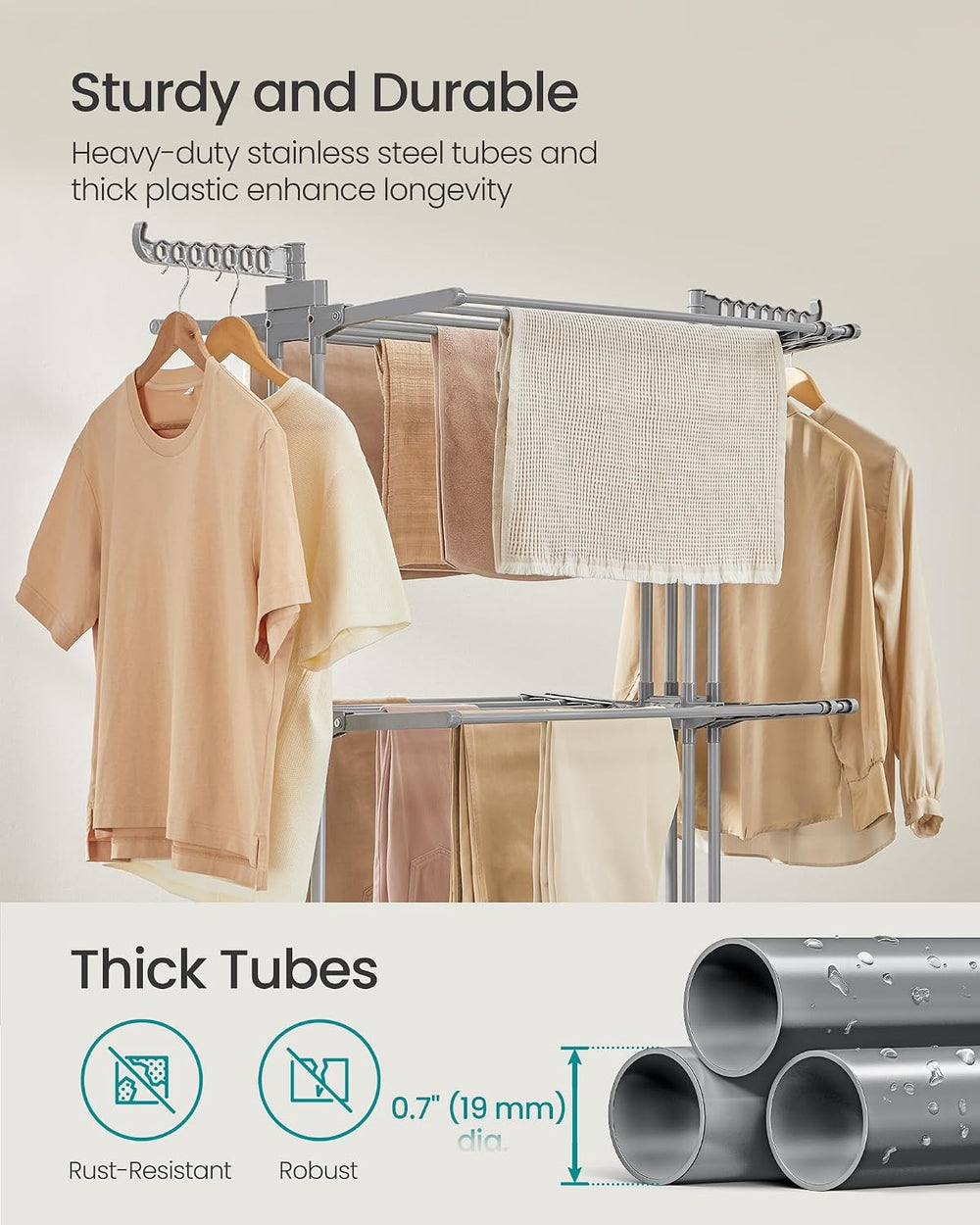 SONGMICS 4-Tier Clothes Drying Rack, Foldable, Rolling, 69.9-Inch Tall