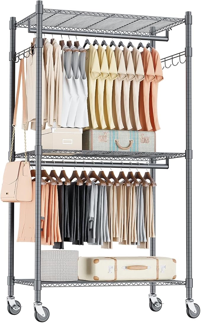 Homdox Garment Rack Heavy Duty, 3 Tier Rolling Clothing Racks