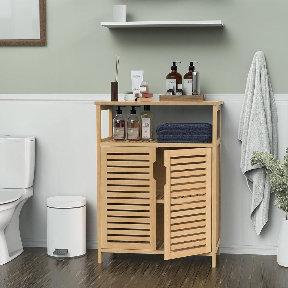 Bamboo Bathroom Storage Cabinet with 2 Doors, Floor Freestanding Cabinet