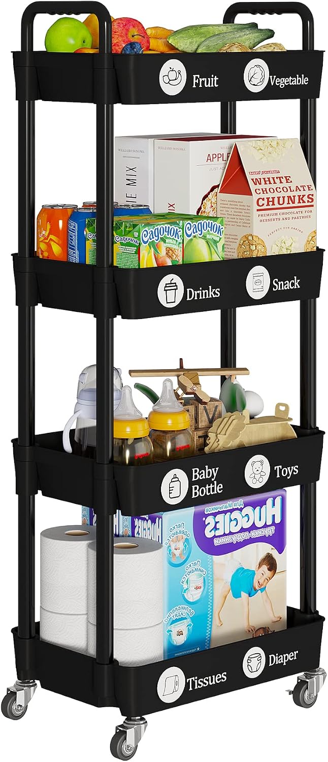 4 Tier Rolling Cart with Wheels, Utility Storage Carts,Black