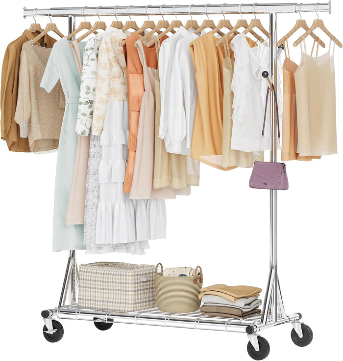Hoctieon 1-Minute Assembly Clothes Rack, 480 lbs Heavy Duty Rolling Clothing Racks with Wheels, Foldable Garment Rack, Extendable Hanging Bar, Adjustable Metal Pole with Hooks, Chrome