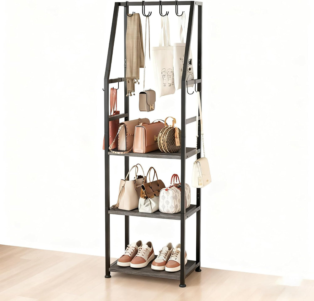 Hall Tree with Hanging Hooks,Heavy-Duty Metal Coat Rack with Shoe Shelves,3-T...