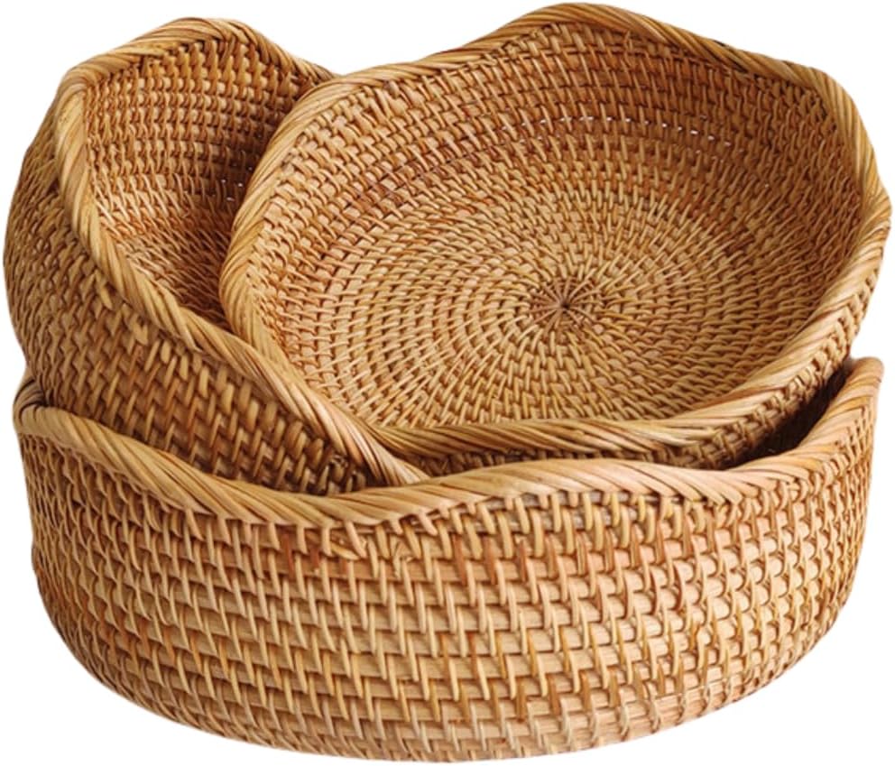 Rattan Bread Basket, Hand Woven Fruit Basket, Wicker Serving Basket Bowl, Dec...