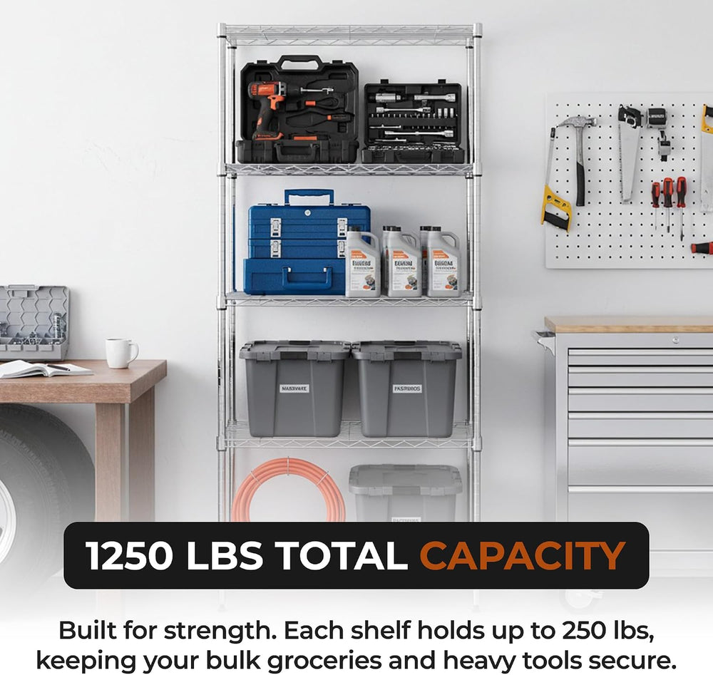 5-Tier Metal Shelf, 250 lb/Shelf, NSF, Chrome, 14x24x59 in