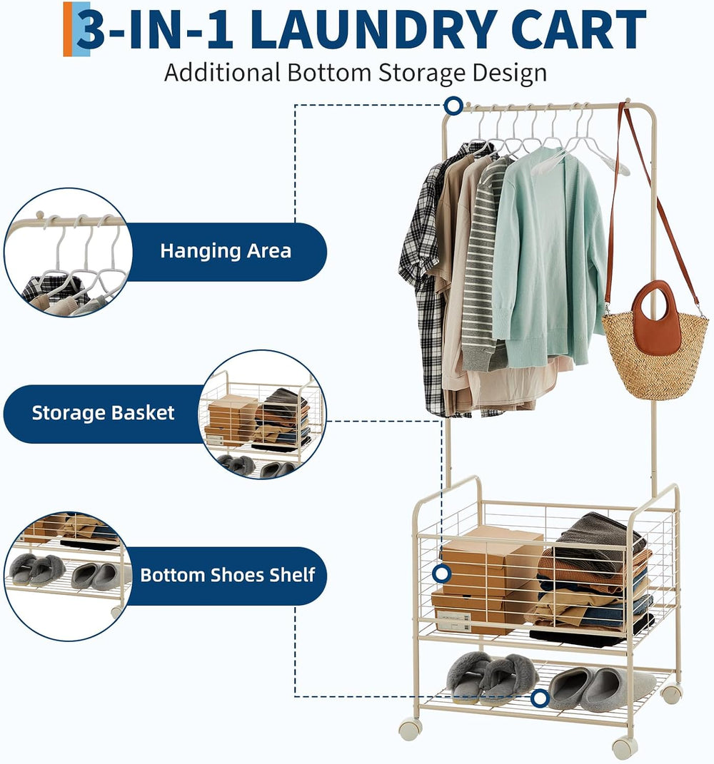 Laundry Cart with Hanging Clothes Rack, Rolling Laundry Cart with Storage Bas...