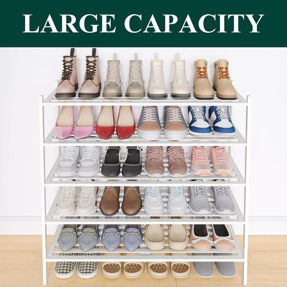 Smiry Bamboo Shoe Rack, 5 Horizontal Slats, 5 Tier - 26.8" Wide, White