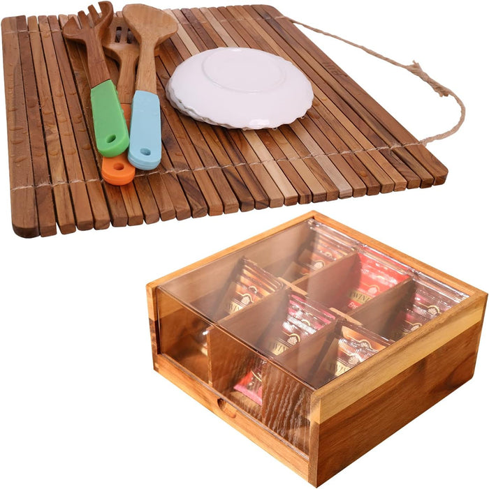 HTB Wood Over Sink Dish Drying Rack & 6 Compartments Tea Bag Organizer
