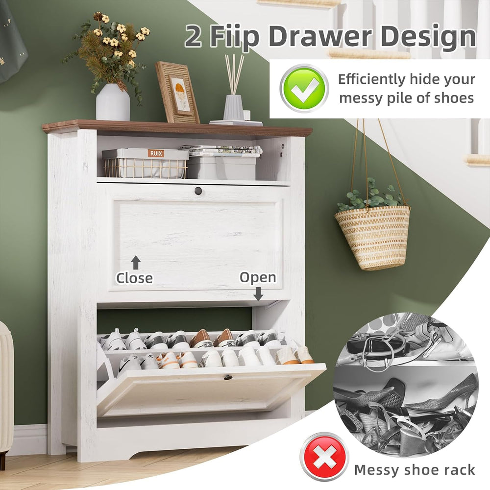 39" Farmhouse Shoe Storage Cabinet with 2 Flip Drawers and Adjustable En...