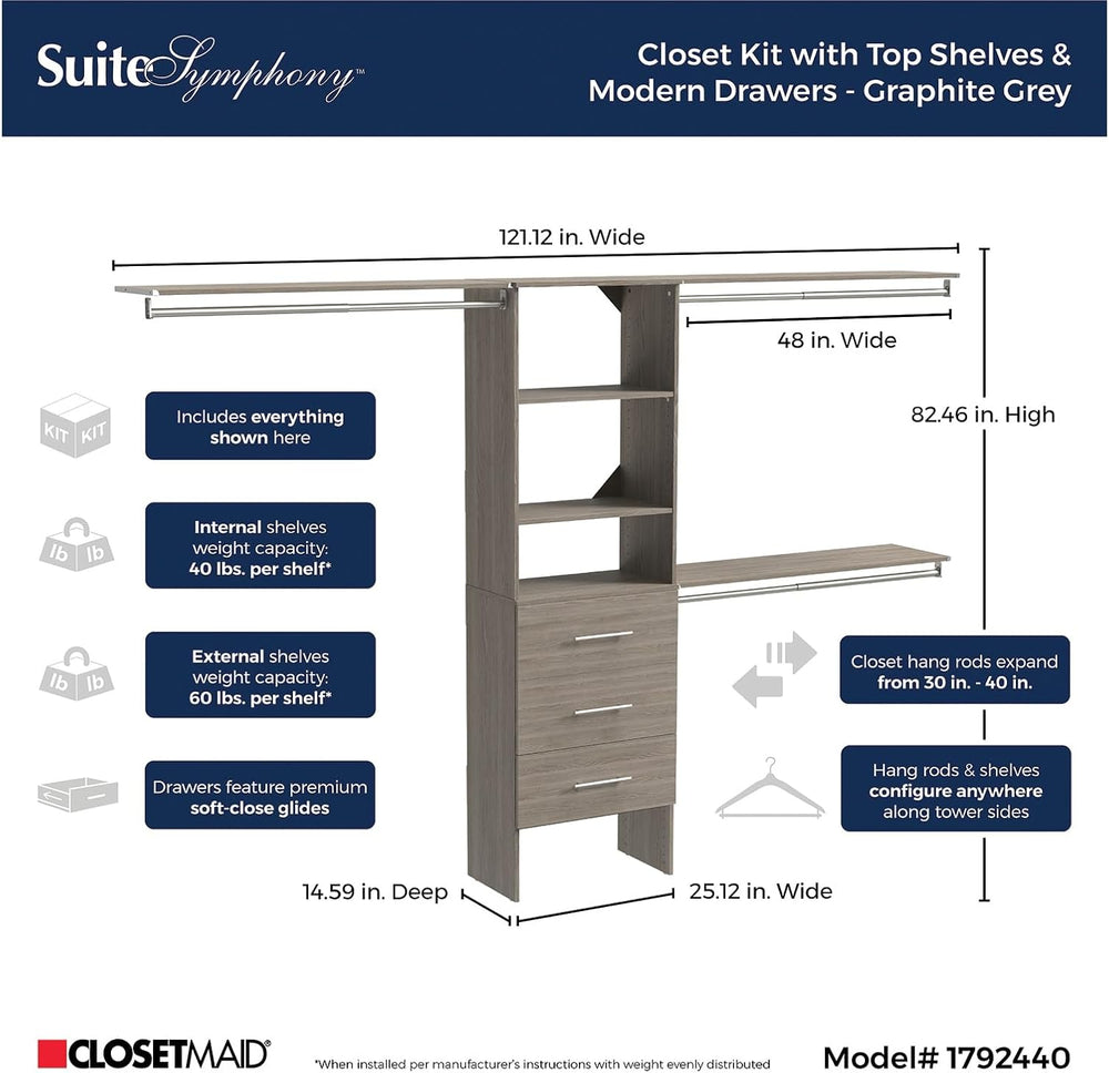 ClosetMaid SuiteSymphony Wood Closet Organizer Kit with Tower, 3 Hang Rods, T...