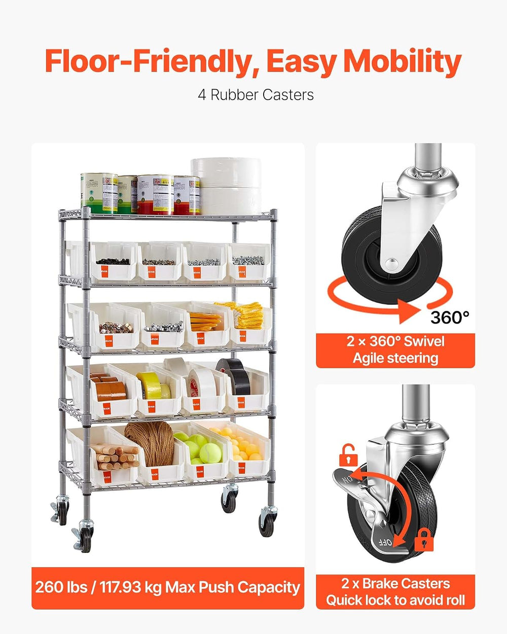 VEVOR 5-Tier Rolling Bin Storage Rack, 16 Organizer Bins, Bin Rack Storage St...