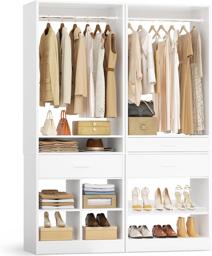 Unikito 50" W x 80" H Closet Organizer System, Modular Storage Tower with 2 Hanging Rods, 3 Wooden Drawers, Adjustable Shoe Rack & 4 Cubby Storage for Bedroom, Mudroom, Entryway White