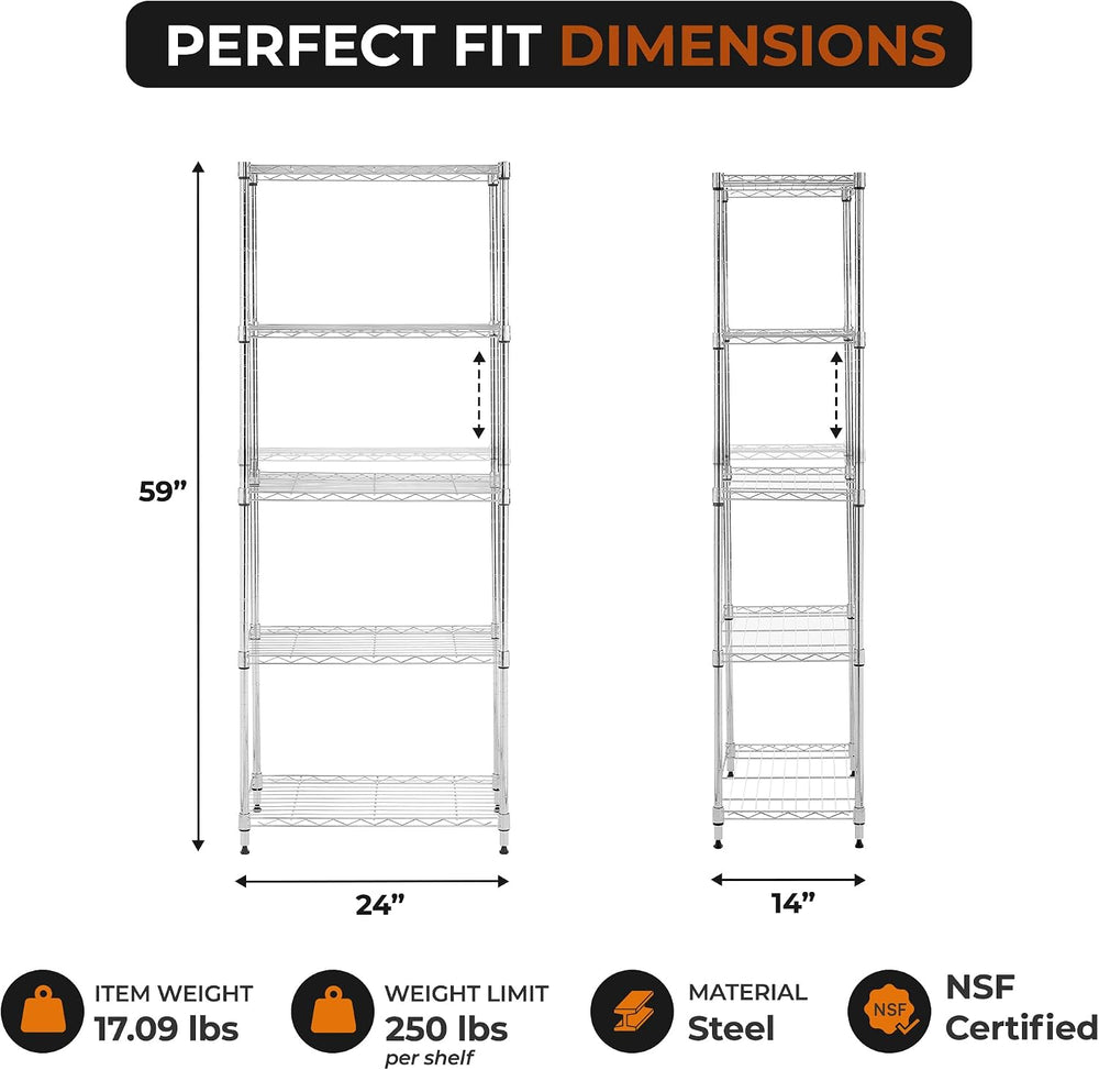 5-Tier Metal Shelf, 250 lb/Shelf, NSF, Chrome, 14x24x59 in