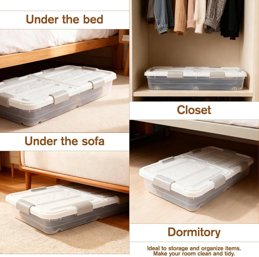 4 PCS*49 Qt Wheeled Latching Under Bed Storage, Double Opening Lids Stackable...
