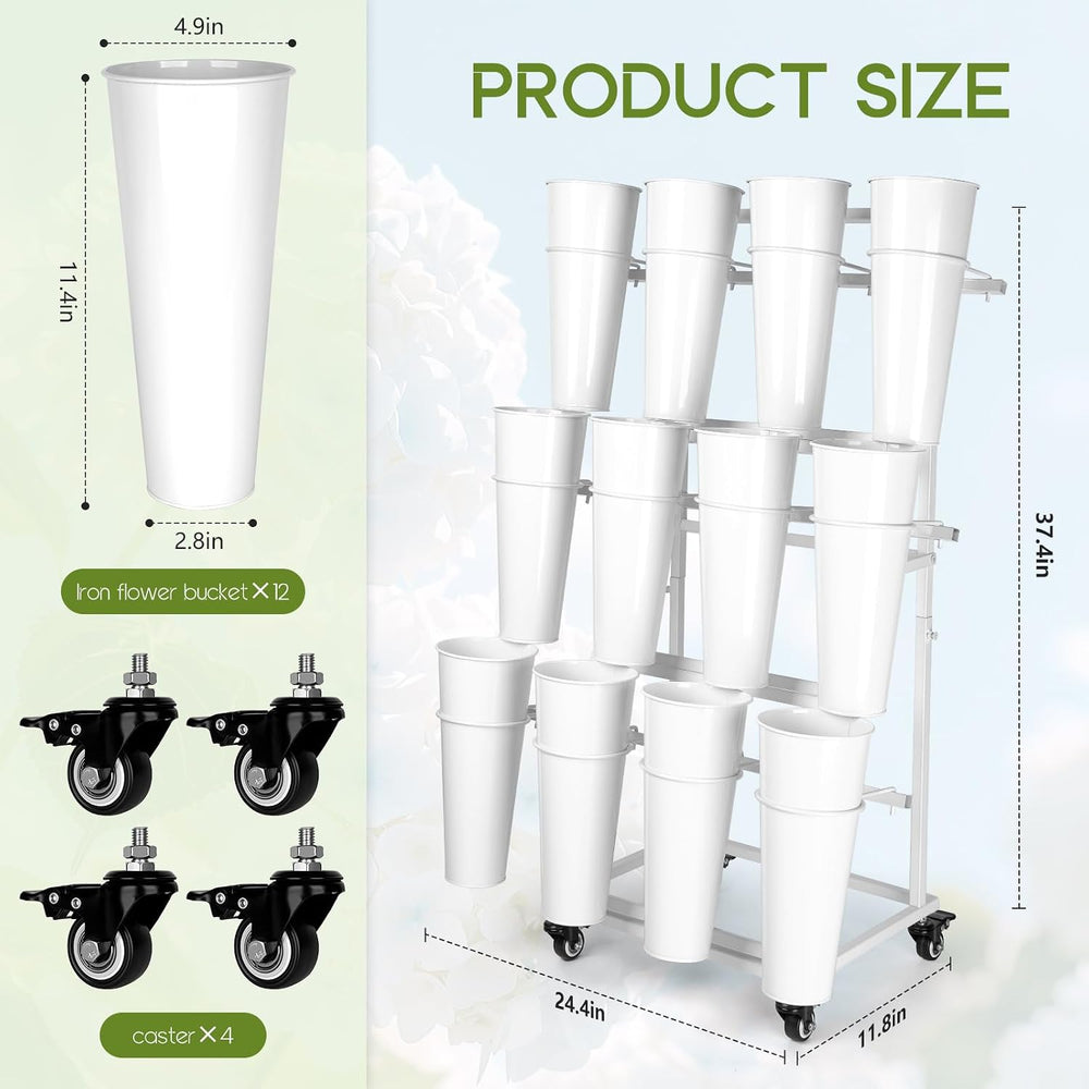 Flower Display Stand With 12 Buckets,3-Tier Flower Bar Stand with Wheels,Flow...