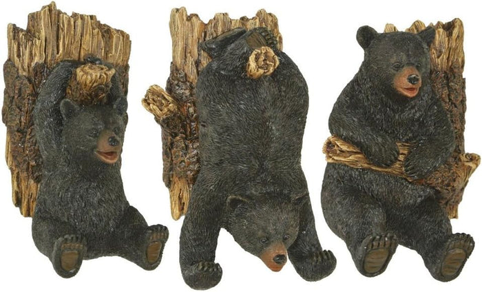 Marco Set of Three Resin Black Bear and Tree Trunk Wall Hooks -Lodge Decor