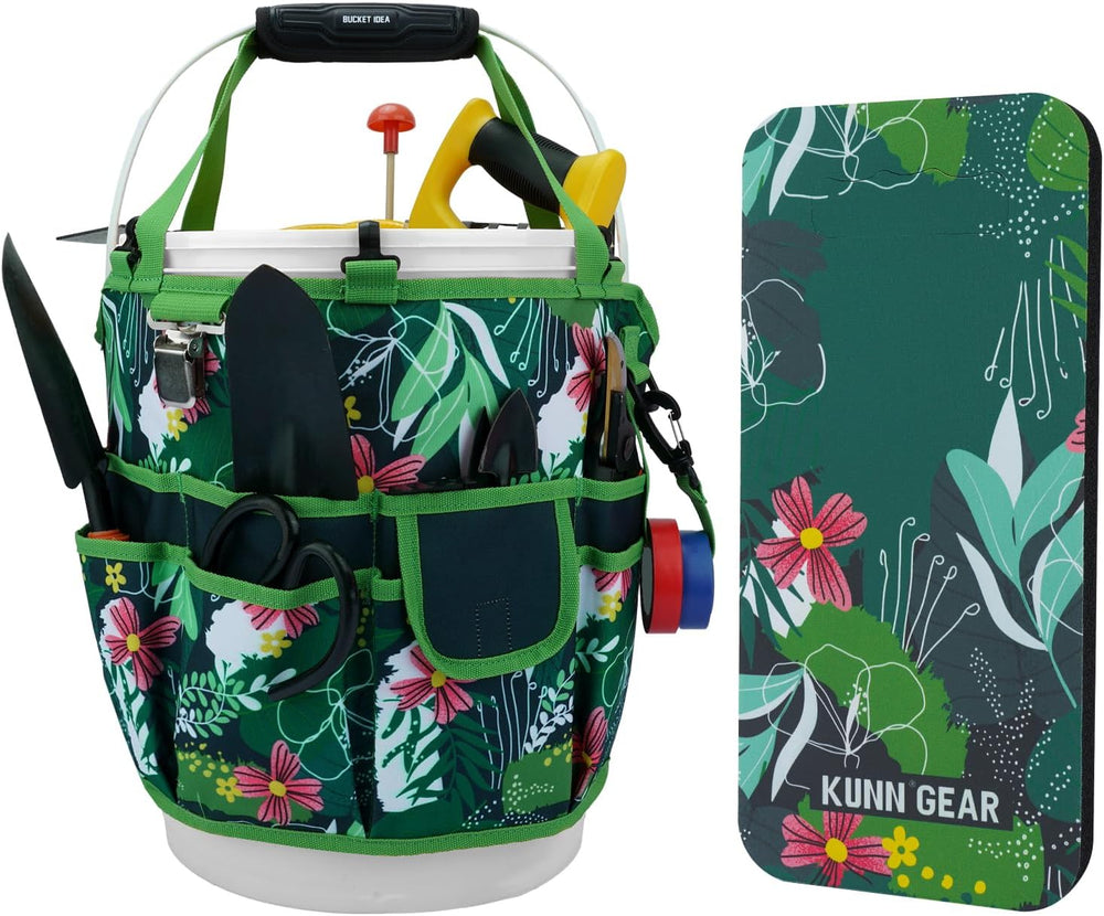 KUNN 5 Gallon Garden Bucket Tool Organizer & Kneeling Pad Set, Green