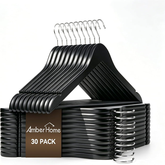 Amber Home 30 Pack Black Wooden Coat Hangers, Wood Suit Hangers