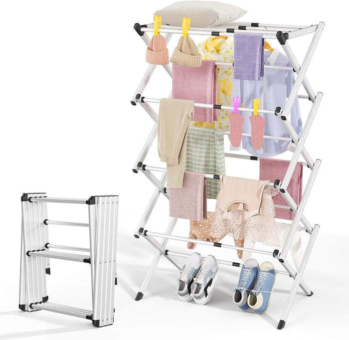 4-Tier Foldable Clothes Drying Rack, Adjustable Width 16.3"-27.95", Heavy Duty Stainless Steel Laundry Drying Rack Holds Up to 60 lbs, No Assembly, Space-Saving Indoor & Outdoor Drying Rack