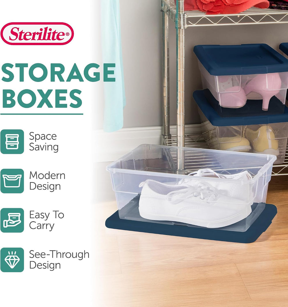 Sterilite Stackable 6 Qt Storage Box Container, Clear, Marine Blue Lid (60 Pack)