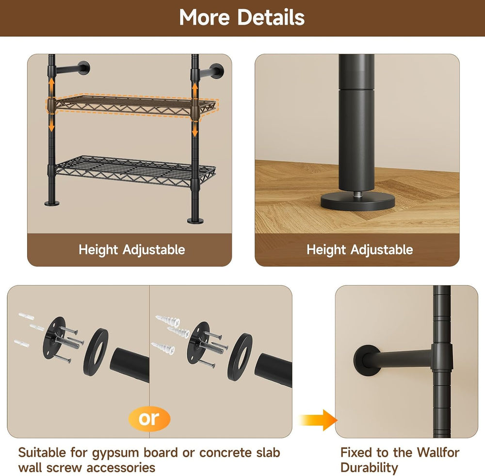 H4 Wall Mounted Closet System, Expandable Industrial Pipe Clothing Rack