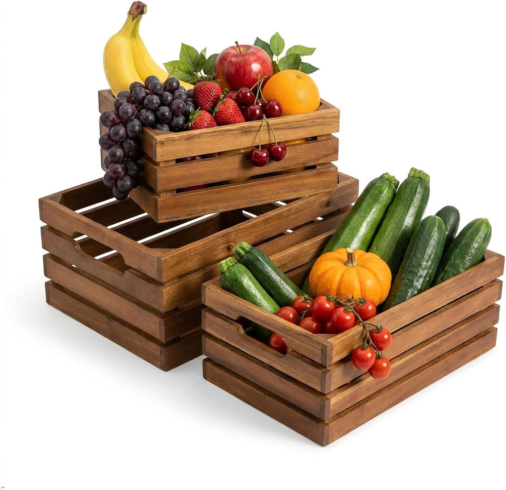 VICTORY RELAX Nesting Wood Storage Crates (Set of 3) - Natural Acacia Wood St...