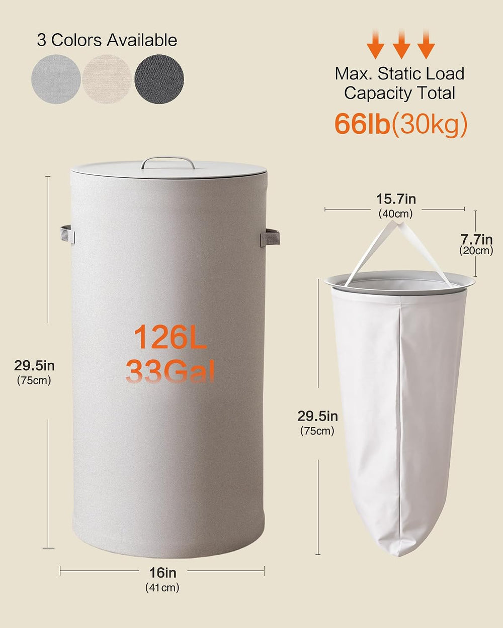 126L Laundry Basket with Lid, Laundry Hamper, Laundry Room, Gray