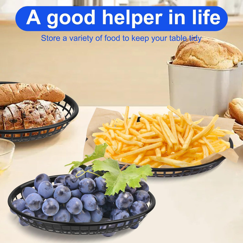 100 Pcs 9 x 5.7 Inch Reusable Black Oval Fast Food Baskets, Sturdy Plastic Pl...