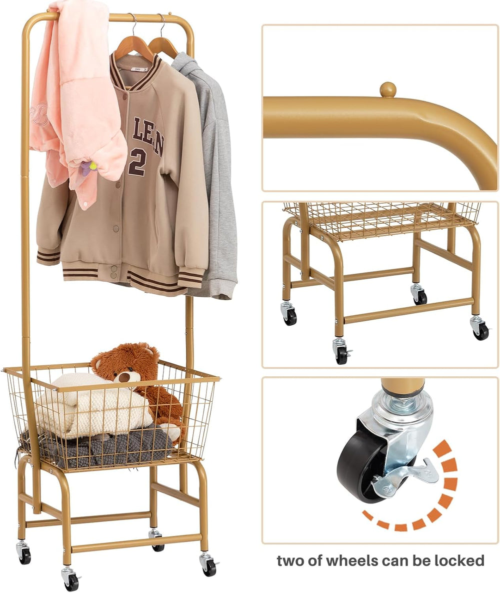 ALIMORDEN Rolling Laundry Cart with Hanging Rack & Metal Basket, Gold