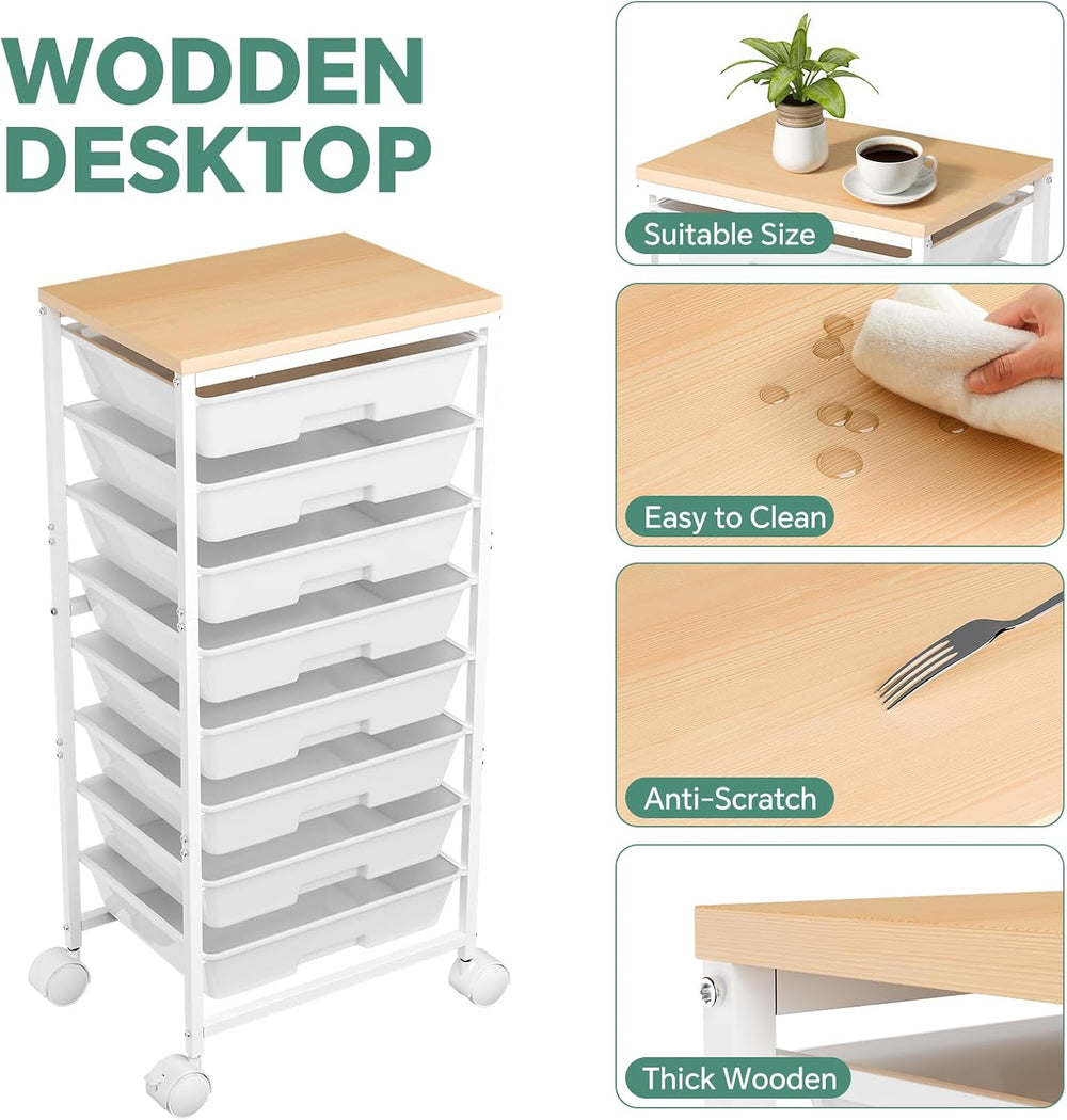 Ekisemio Rolling Cart with 8 Drawers, Storage Drawers Cart with Wooden Tablet...