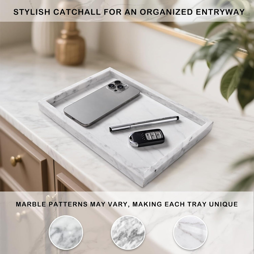 Marble Bathroom Tray for Countertop & Home Decor, Natural Decorative Marb...