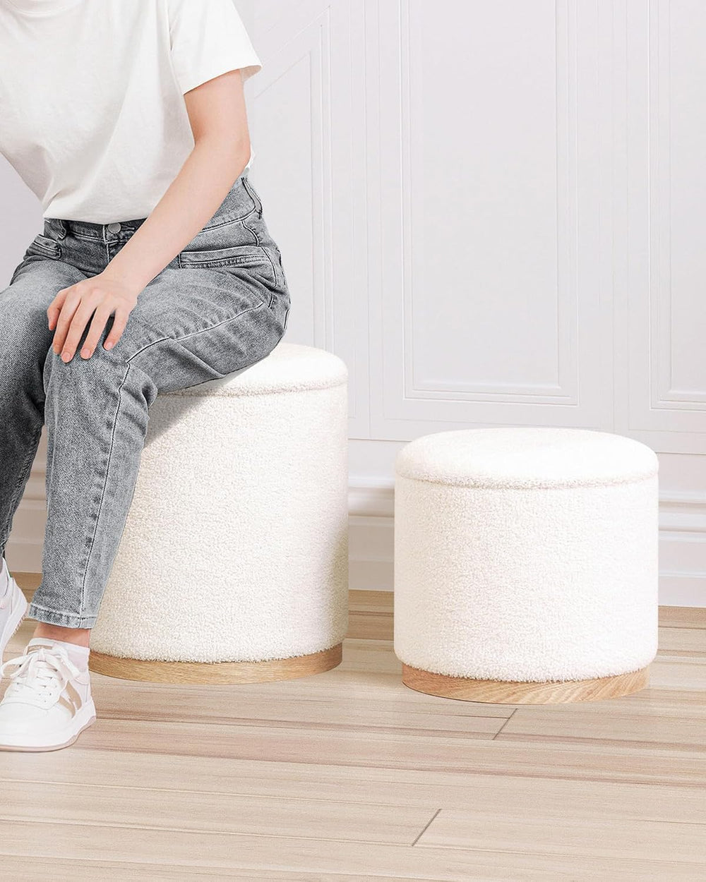 B FSOBEIIALEO 15" Boucle Storage Ottoman with Tray, Cream White, Set of 2