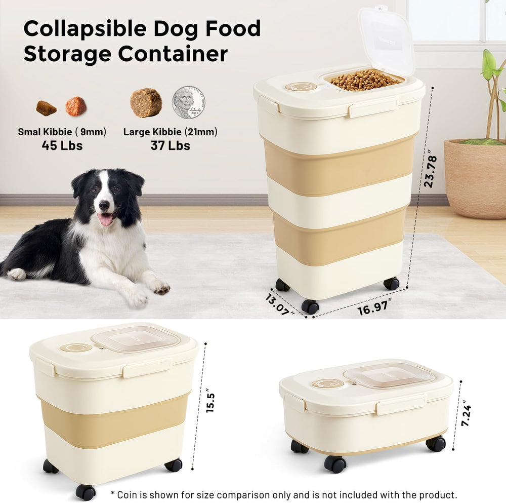 ZOMISIA 40-50lbs Collapsible Dog Food Storage Container with Wheels, Khaki