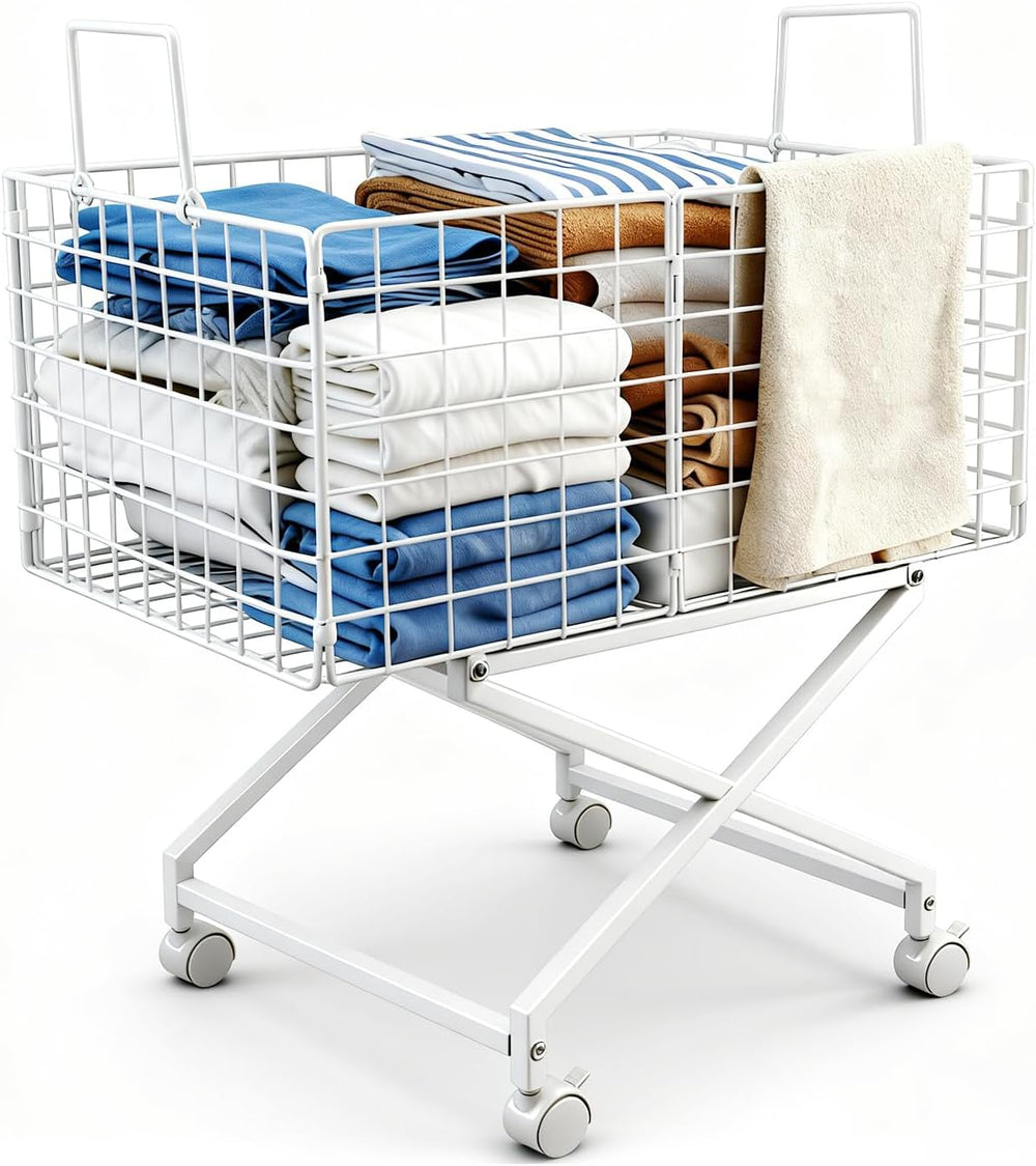 Rolling Laundry Basket with Wheels, 27" Elevated 80L Cart White