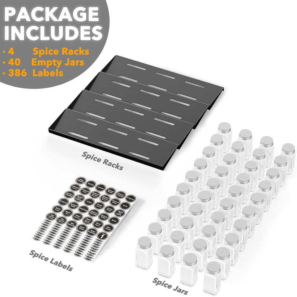 SpaceAid Spice Drawer Organizer with 40 Spice Jars, 386 Spice Labels, 4 Tier ...