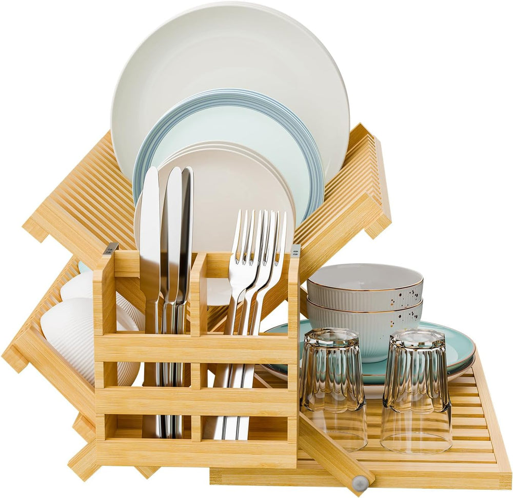 Simple Trending Bamboo Dish Drying Rack, 3 Tier with Utensil Holder